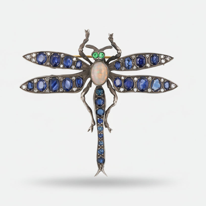 Victorian Sapphire Dragonfly 14k/Silver Brooch Pin