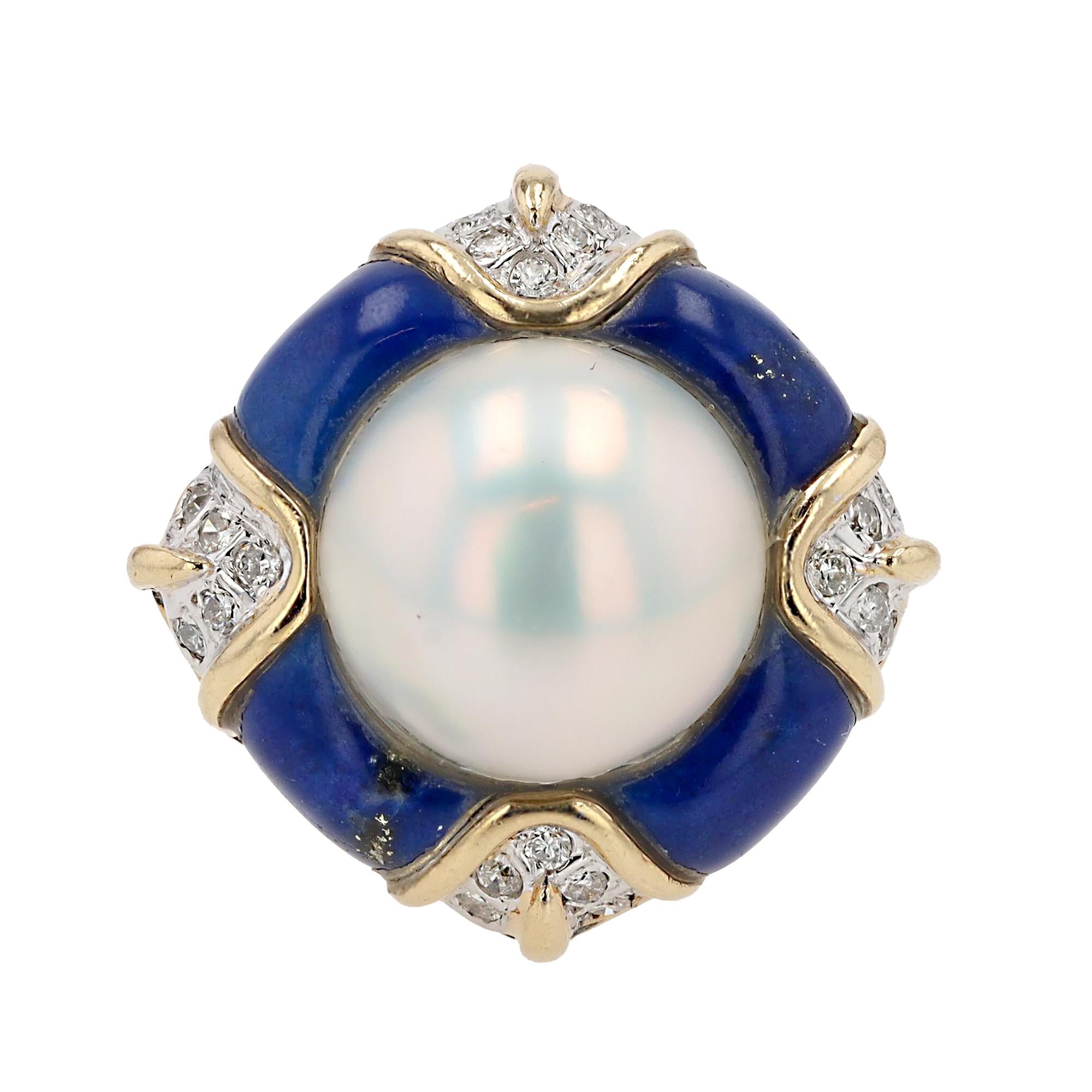 Vintage Mabè Pearl Lapis & Diamond 14k Gold Cocktail Ring