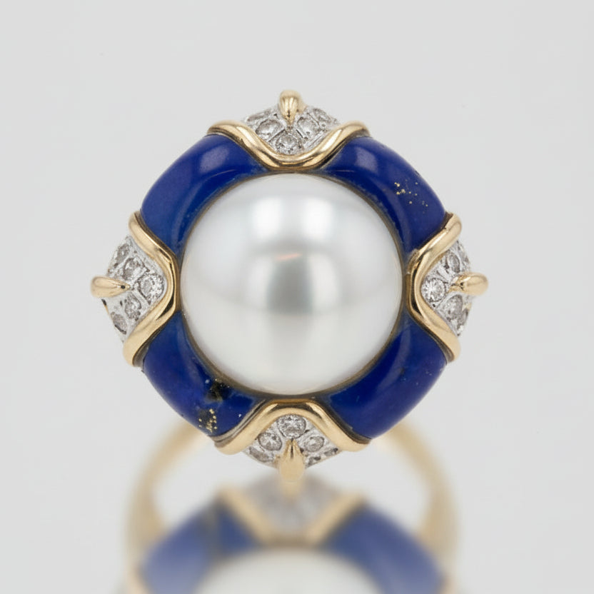 Vintage Mabè Pearl Lapis & Diamond 14k Gold Cocktail Ring