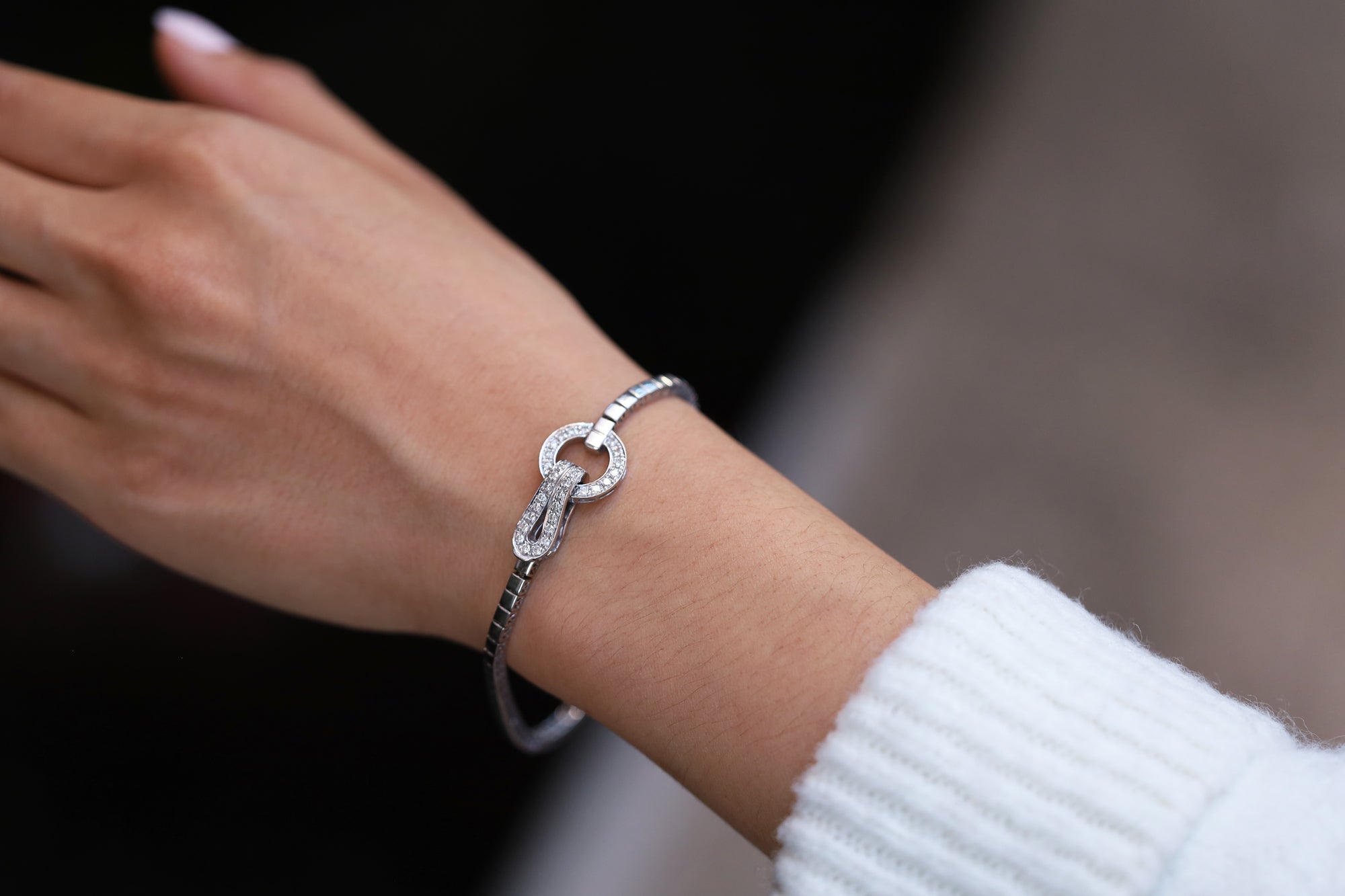 Agrafe Style Italian 18k White Gold & Diamond Designer Buckle Bracelet