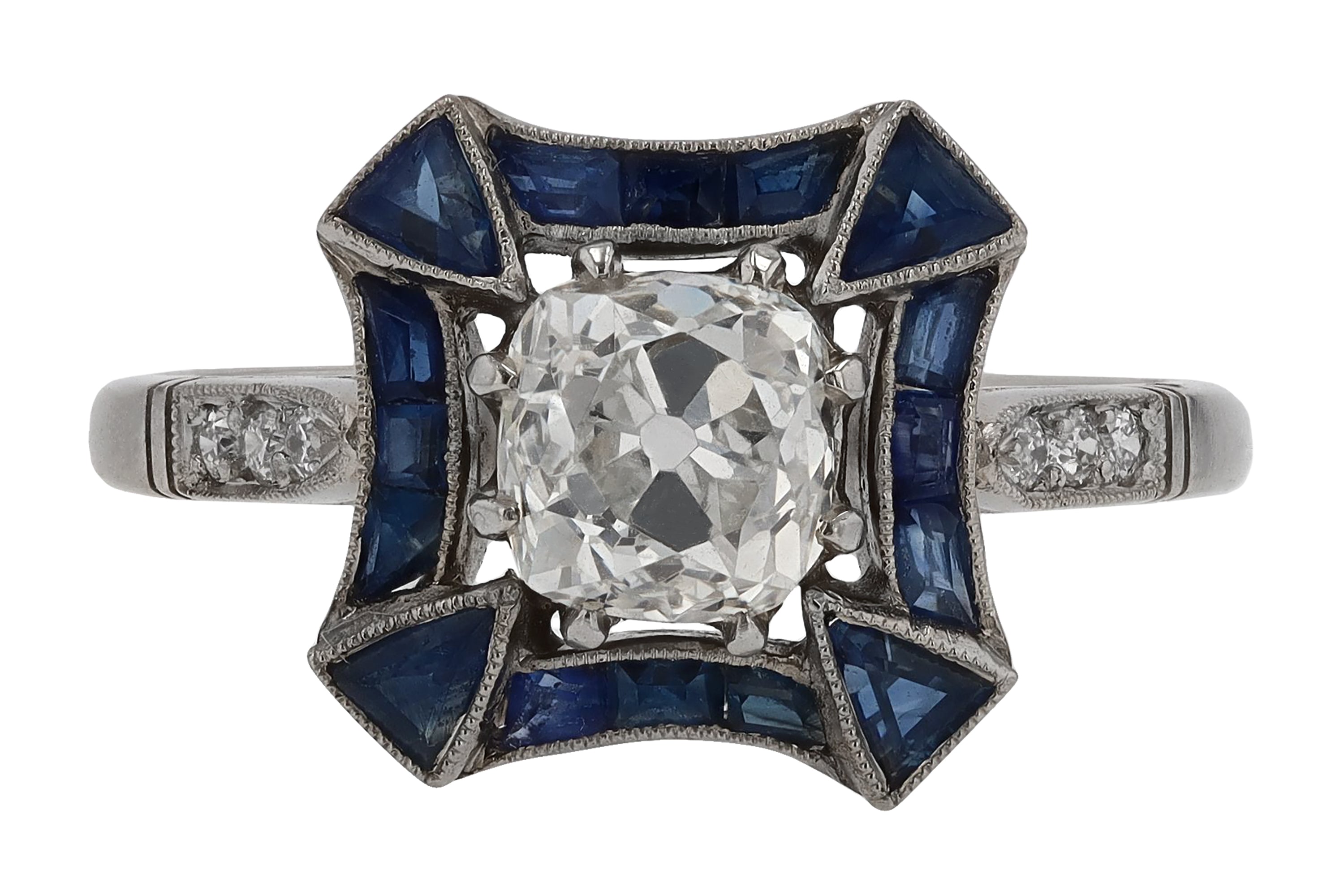 Antique 1.11 Carat Old Mine Diamond & Sapphire Engagement Ring