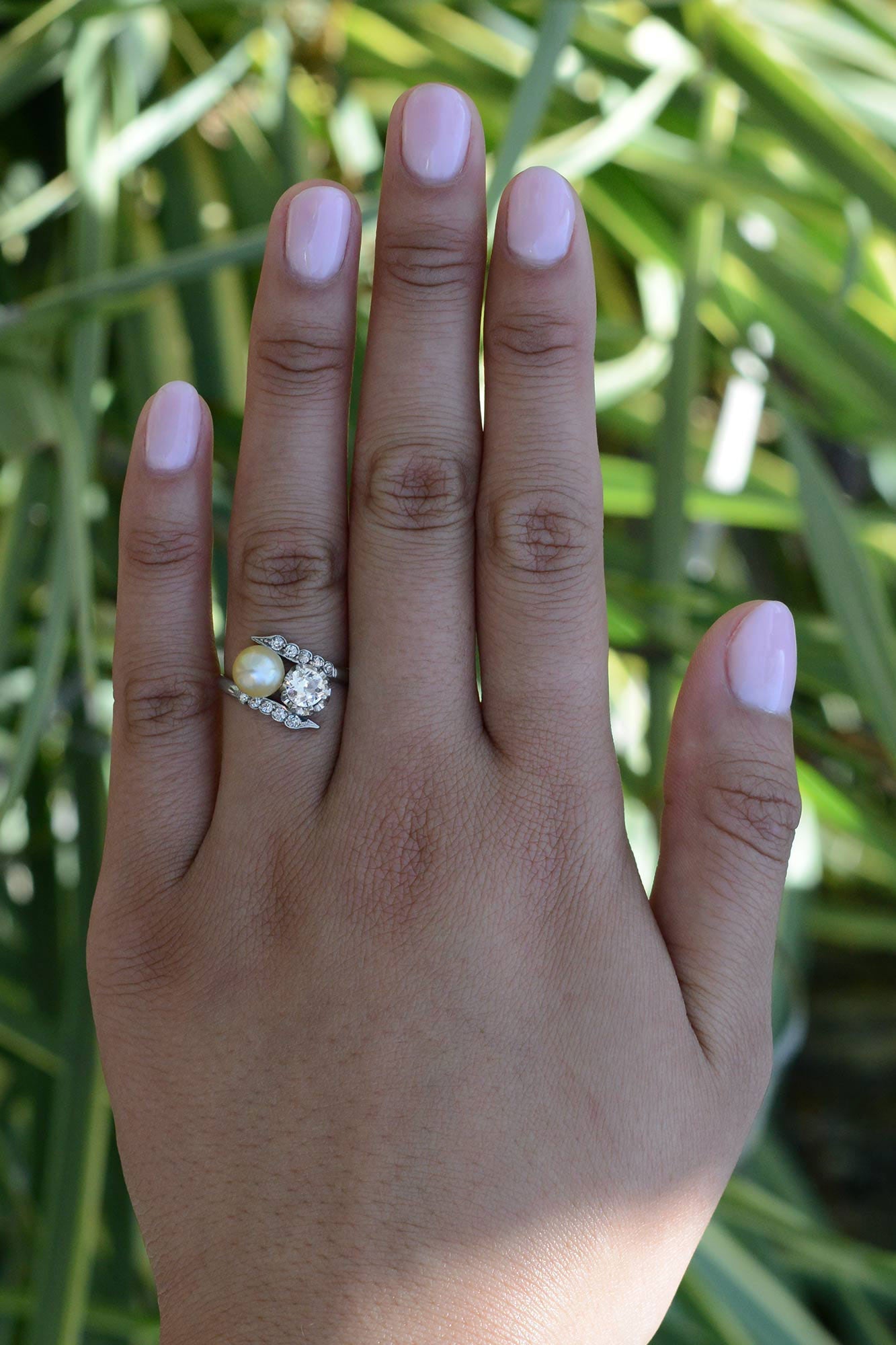 Antique 2 Stone Diamond & Natural Pearl Engagement Ring