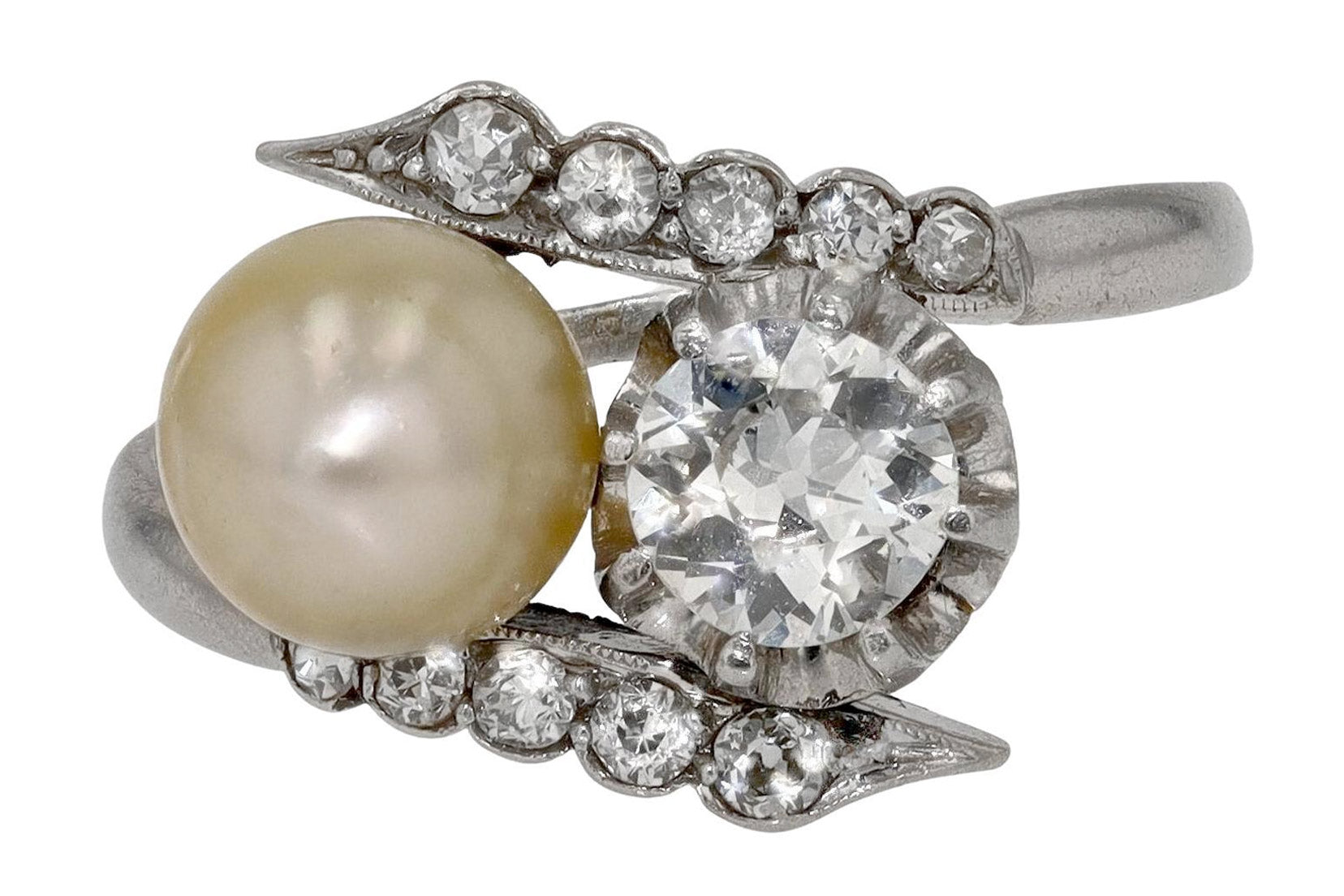 Antique 2 Stone Diamond & Natural Pearl Engagement Ring