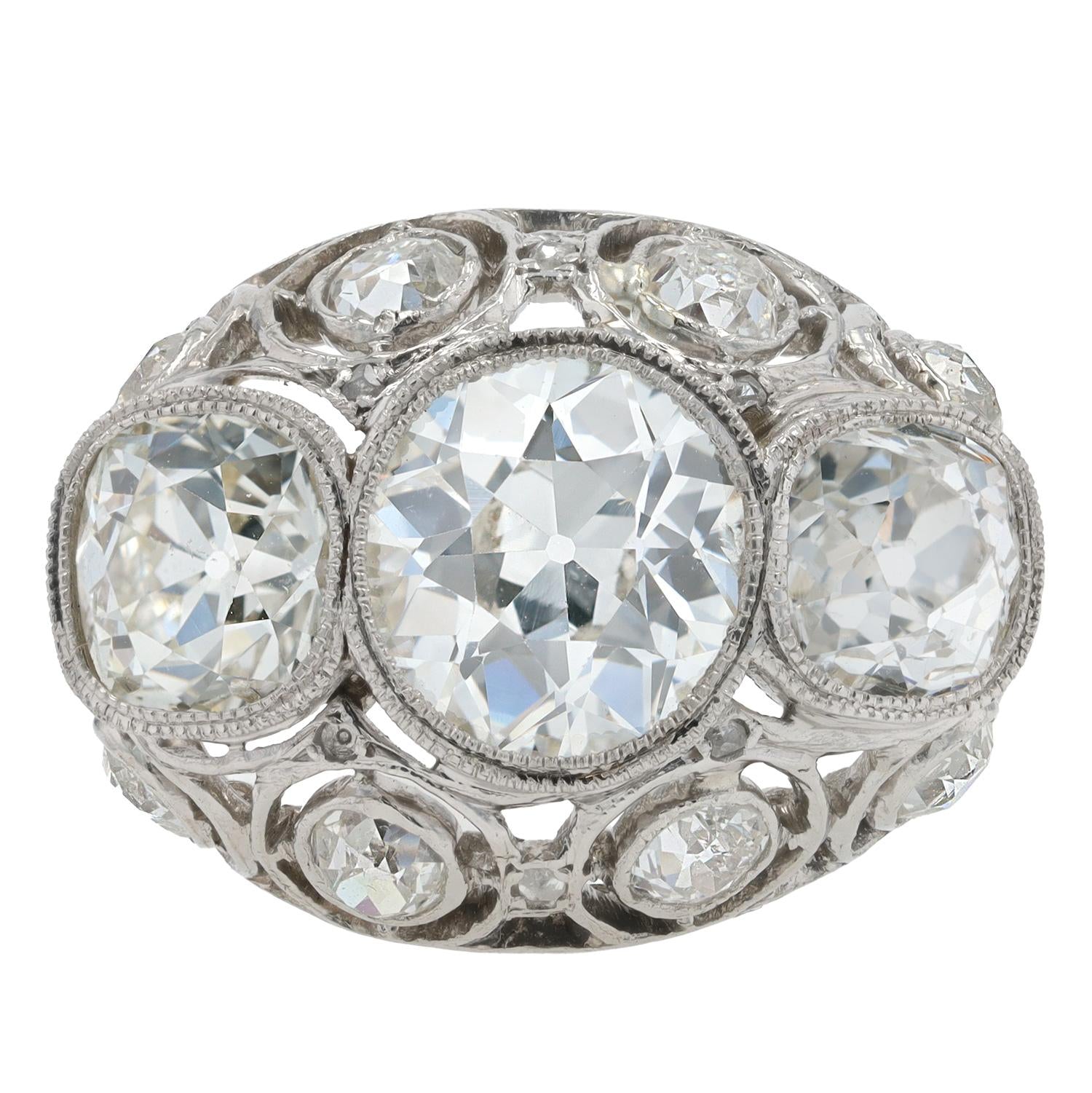 Elegant Edwardian GIA Diamond 3 Stone 4 Carat Engagement Ring