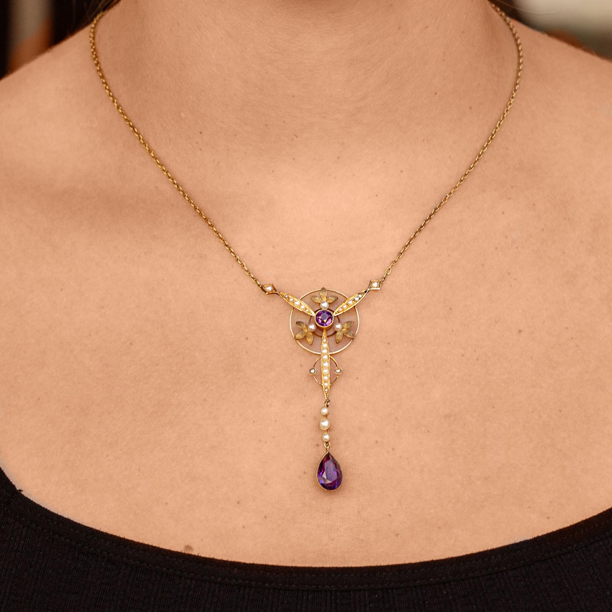 Art Nouveau Amethyst and Seed Pearl 18k Lavalier Necklace