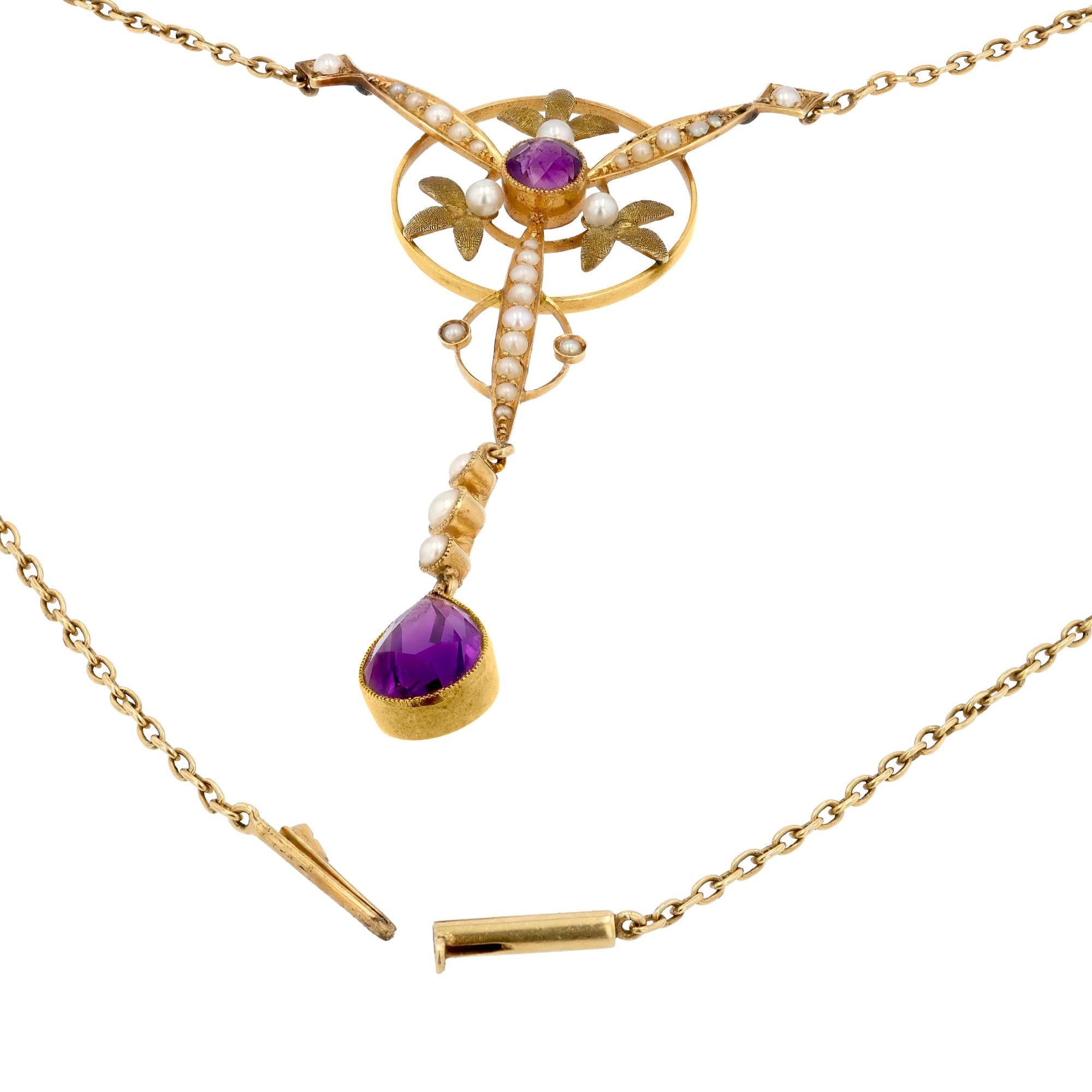 Art Nouveau Amethyst and Seed Pearl 18k Lavalier Necklace