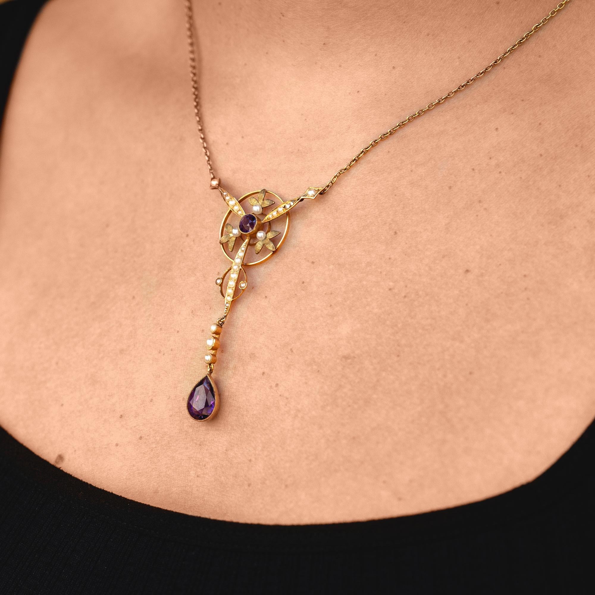 Art Nouveau Amethyst and Seed Pearl 18k Lavalier Necklace