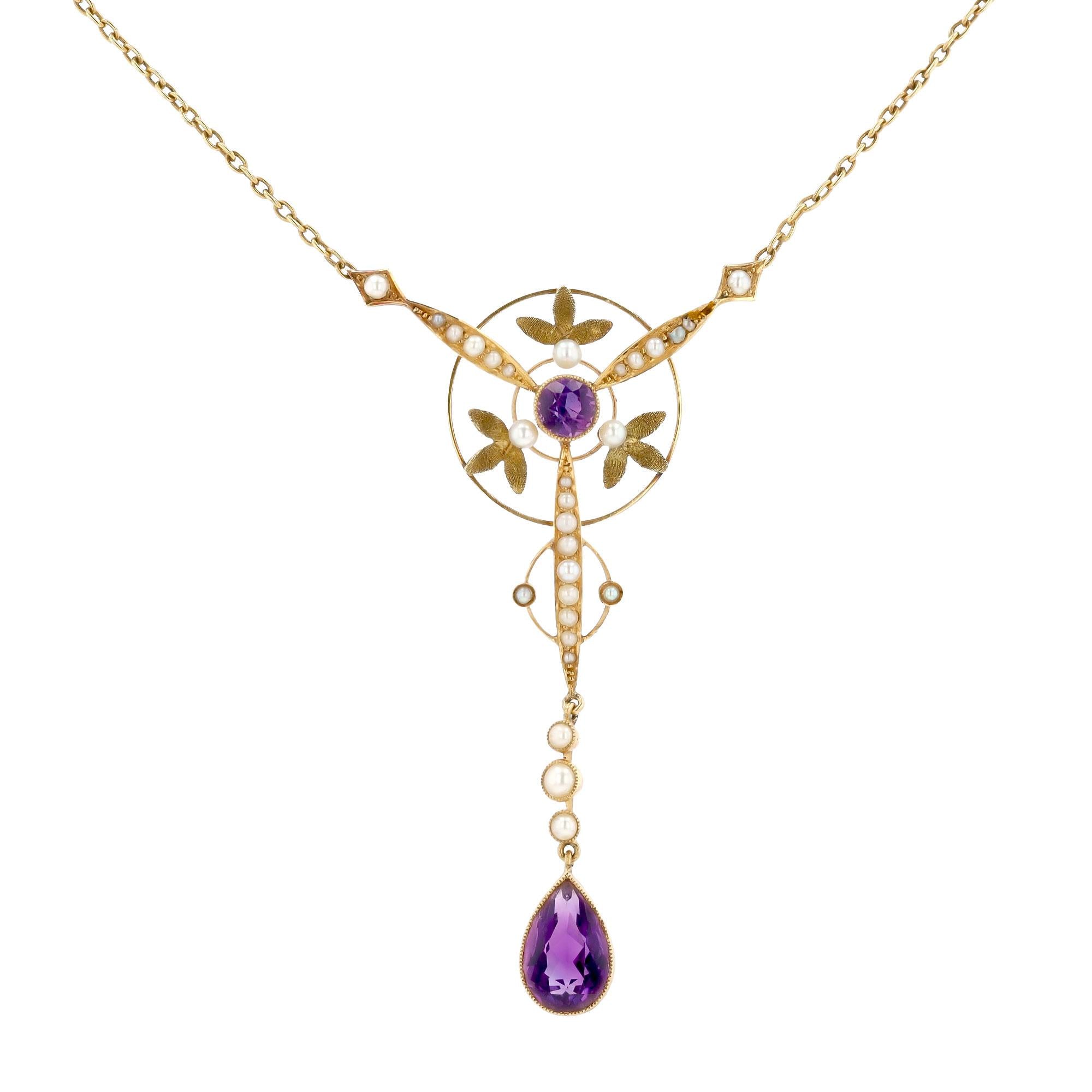 Art Nouveau Amethyst and Seed Pearl 18k Lavalier Necklace