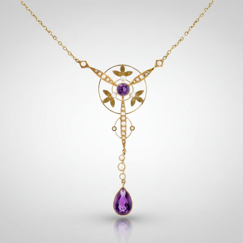 Art Nouveau Amethyst and Seed Pearl 18k Lavalier Necklace