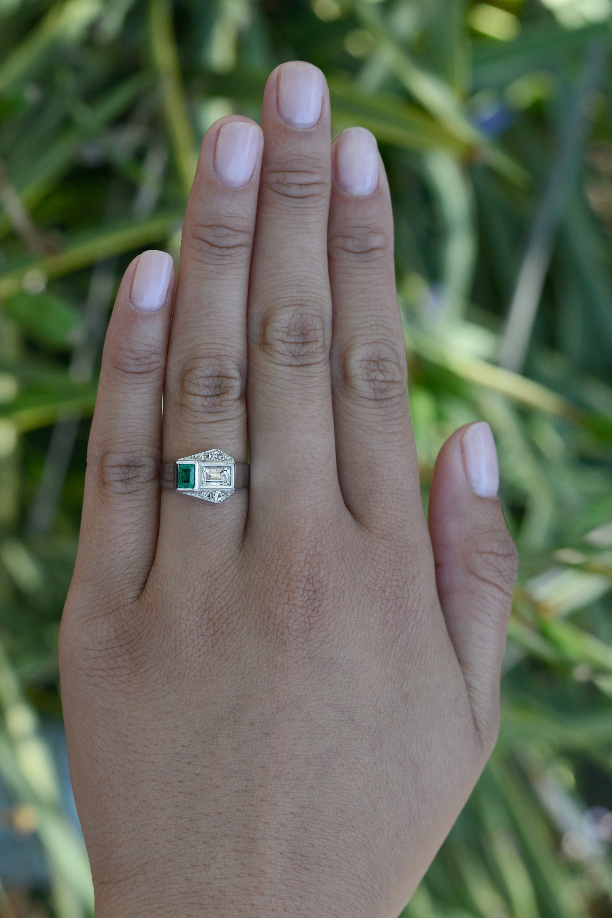 Antique Art Deco 2 Stone Diamond Emerald Toi et Moi Engagement Ring