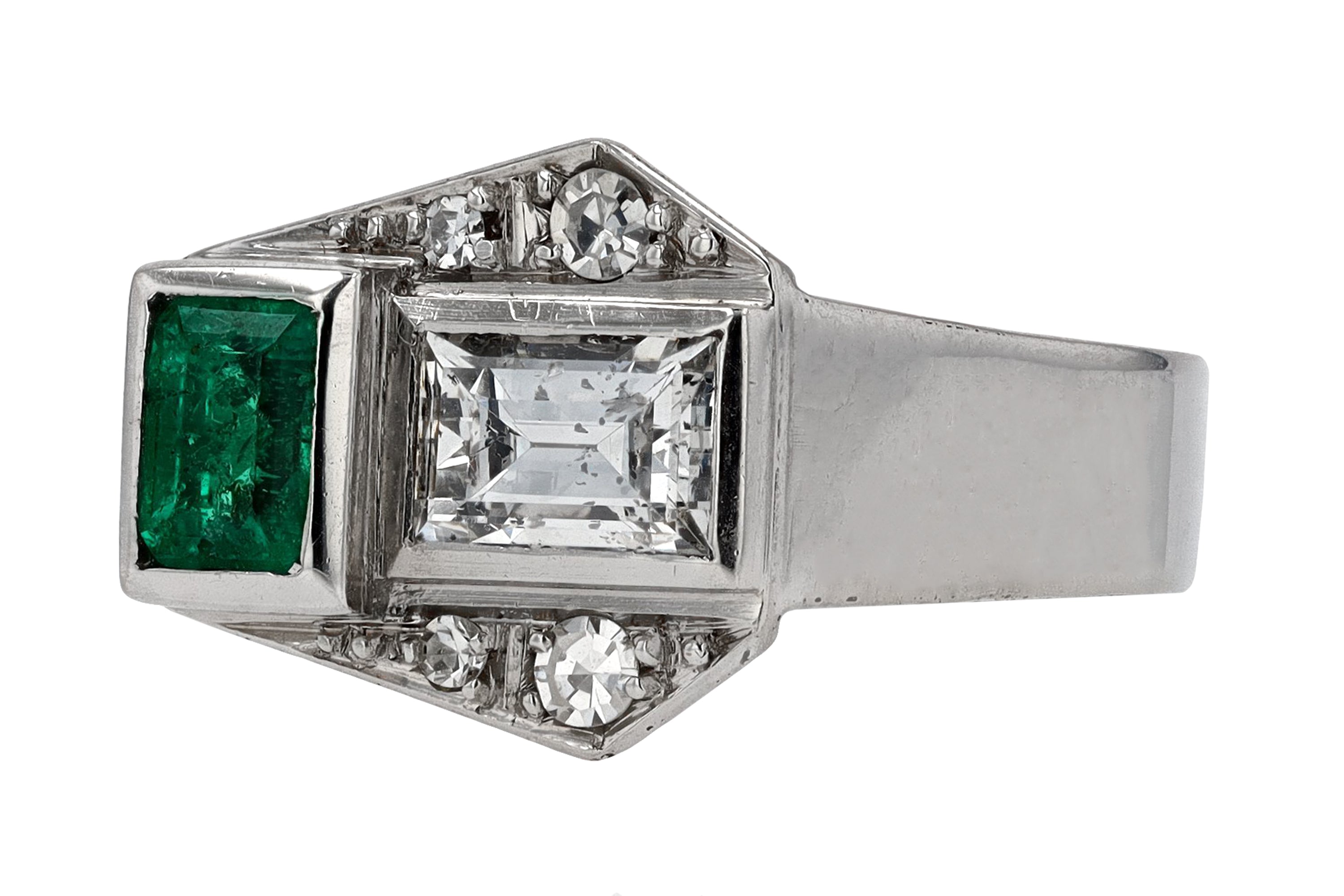 Antique Art Deco 2 Stone Diamond Emerald Toi et Moi Engagement Ring