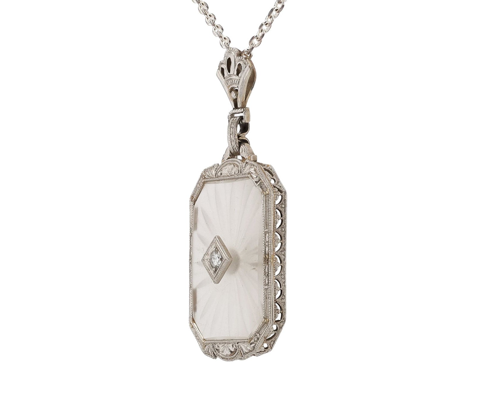 Antique Art Deco Carved Rock Crystal Diamond Platinum Filigree Pendant