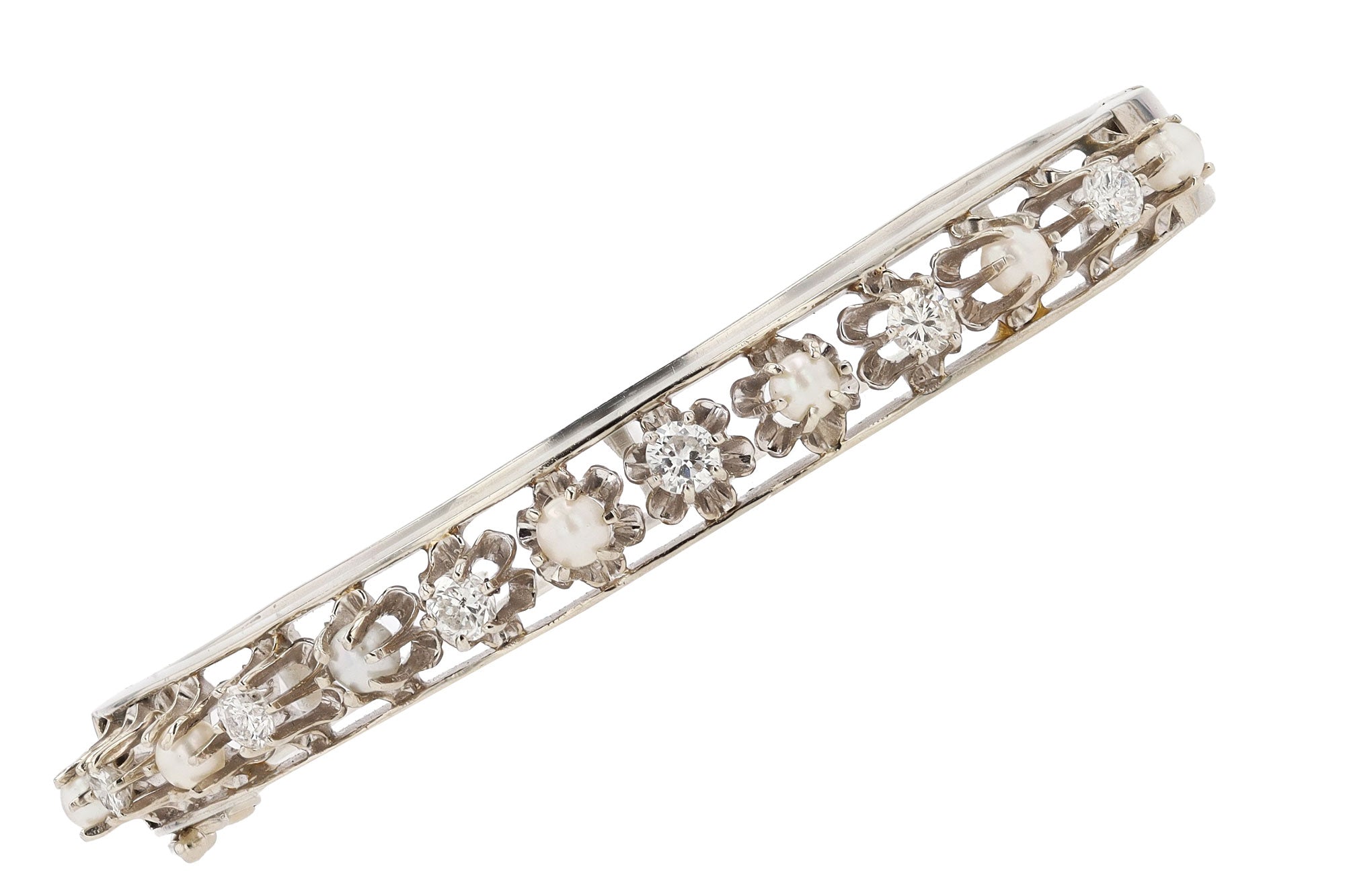 Antique Art Deco Diamond & Pearl Buttercup Bangle Bracelet