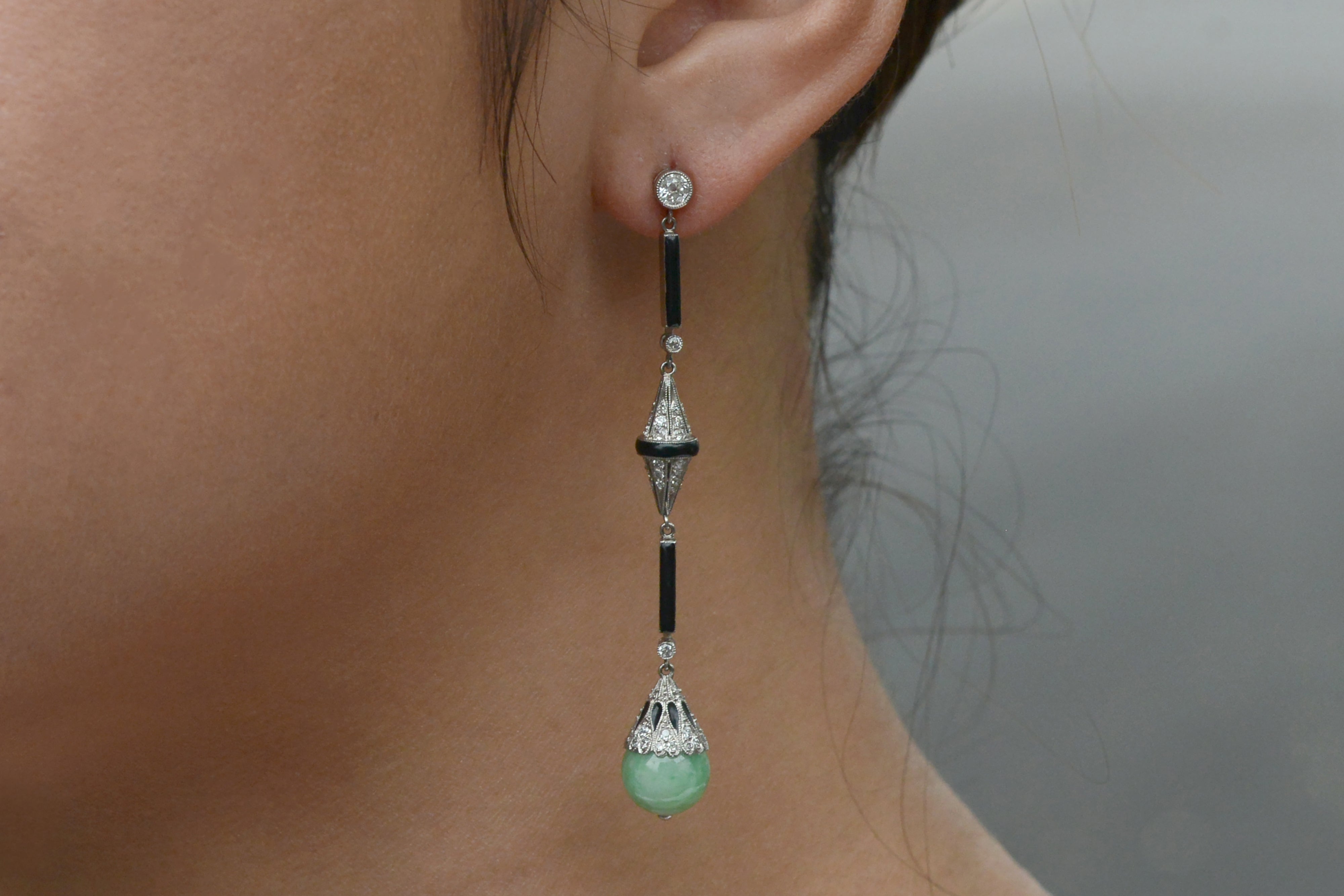 Antique Art Deco Jade Onyx & Diamond Long Dangle Earrings