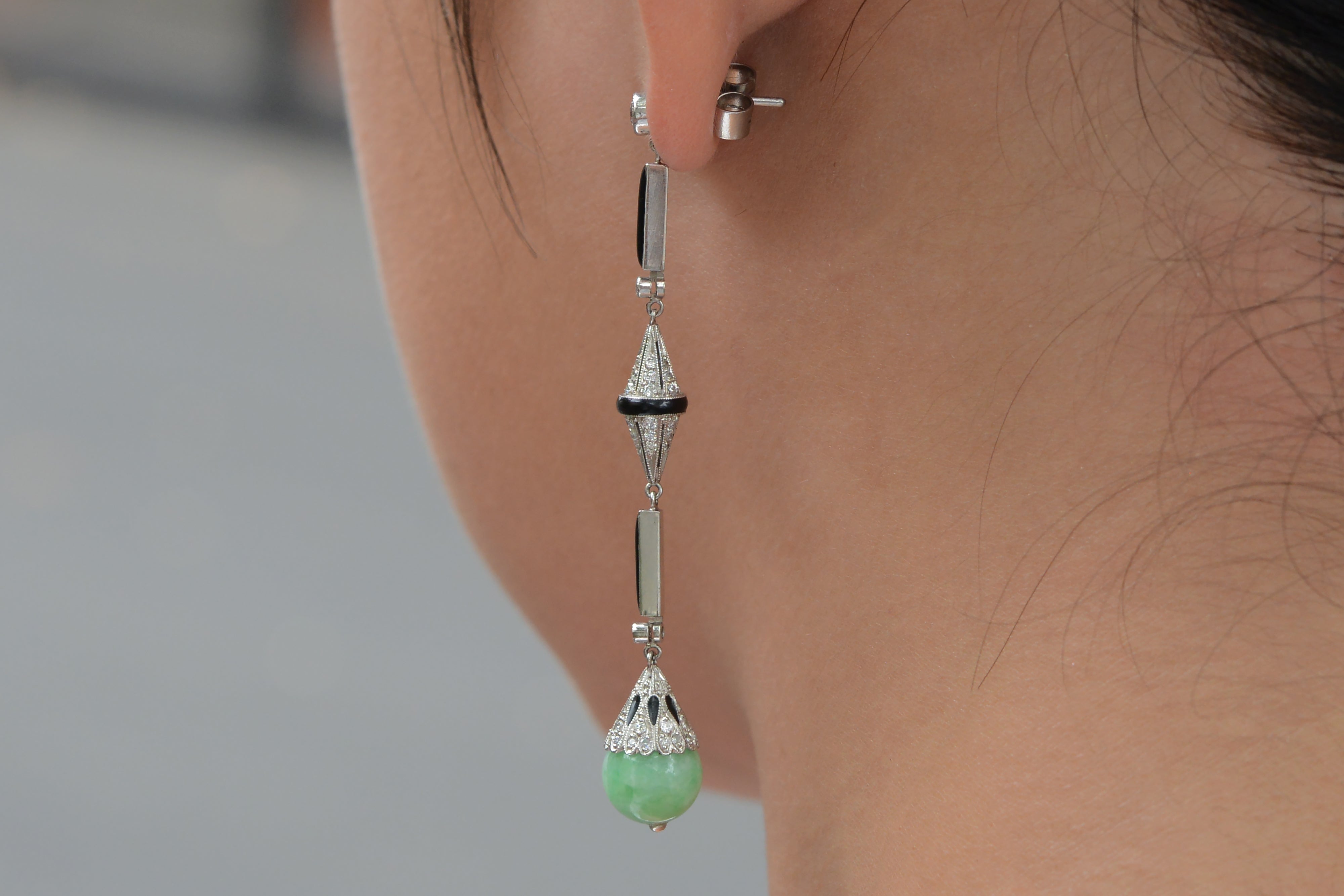 Antique Art Deco Jade Onyx & Diamond Long Dangle Earrings