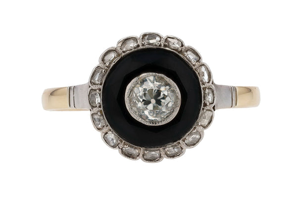 Antique Art Deco Old Mine Diamond & Onyx Target Engagement Ring