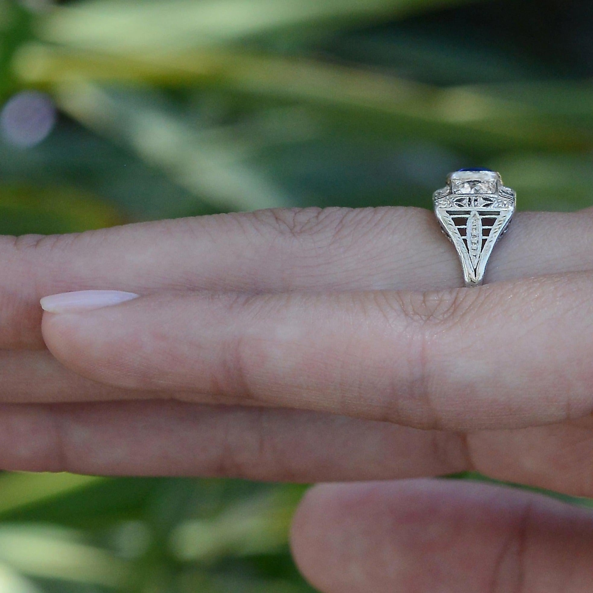 Antique Art Deco Sapphire Diamond 3-Stone Filigree Engagement Ring