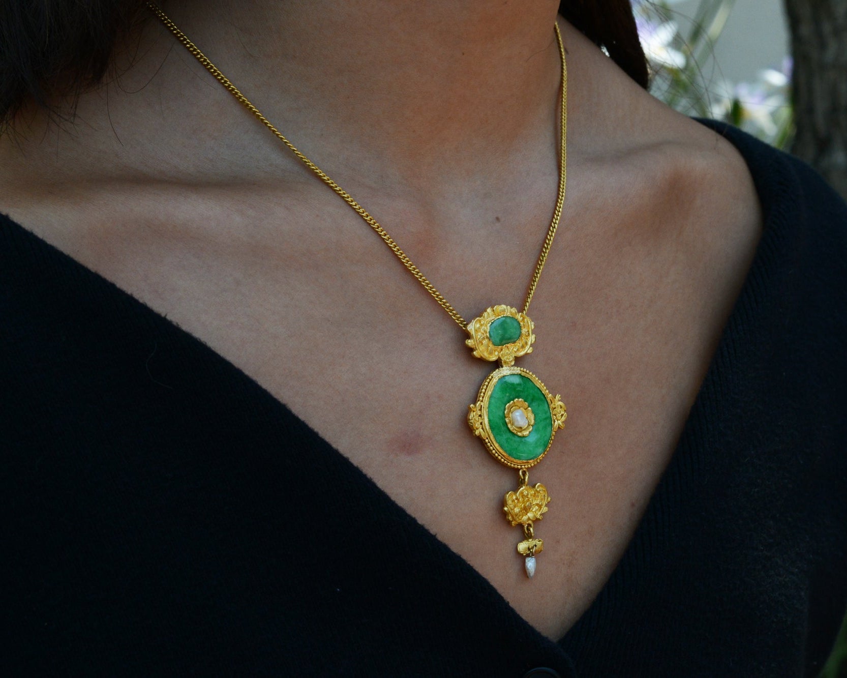 Antique Art Nouveau 24K Gold Imperial Jadeite Necklace