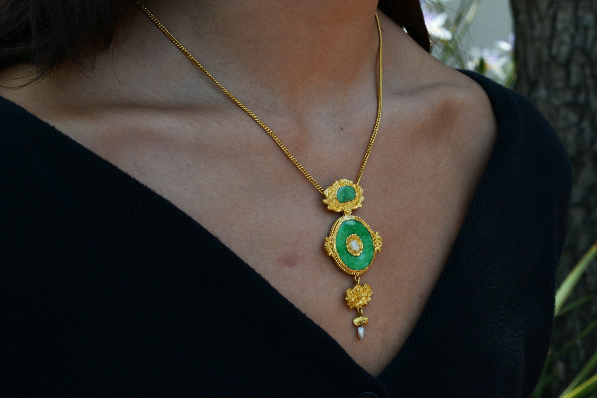 Antique Art Nouveau 24K Gold Imperial Jadeite Necklace