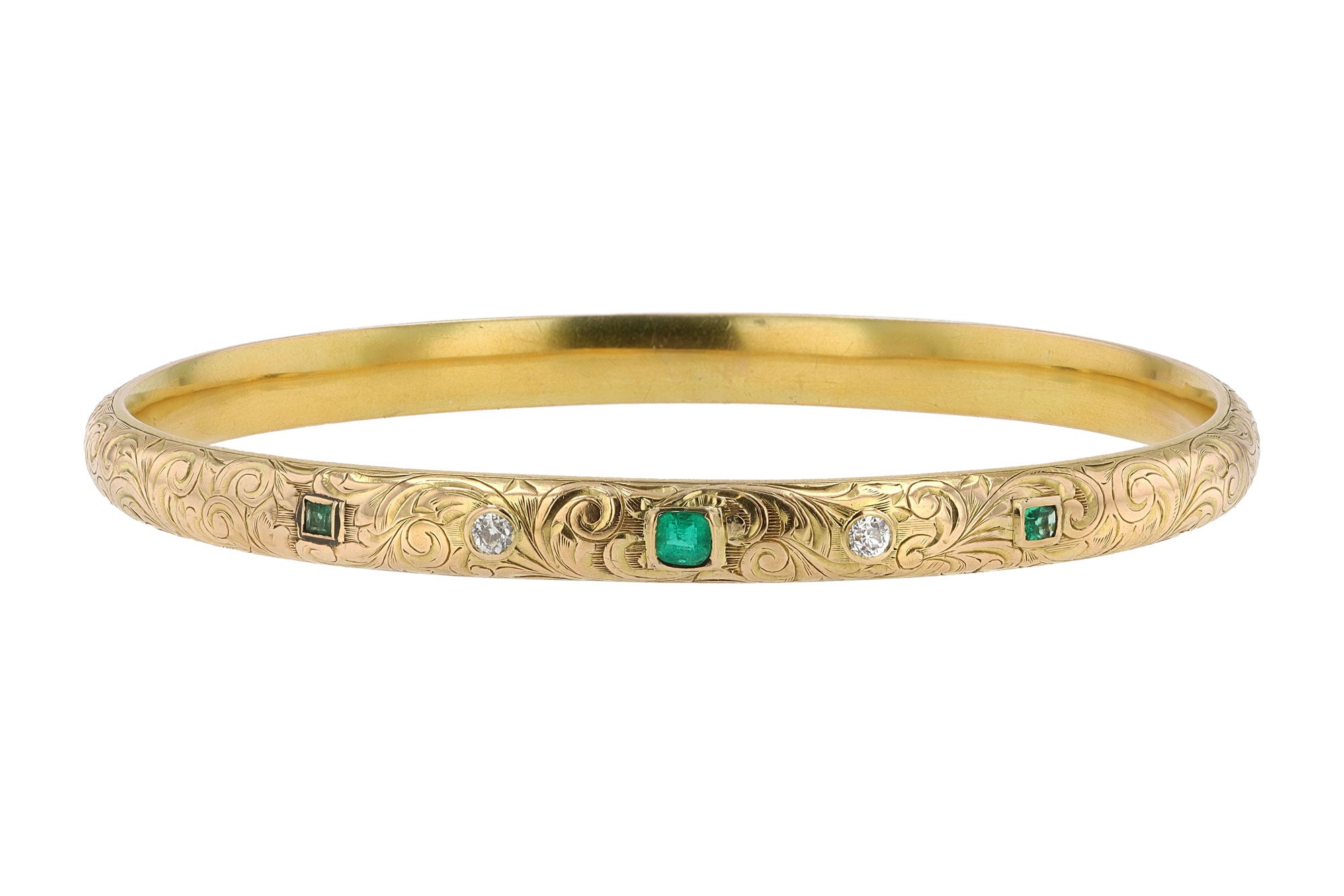 Antique Art Nouveau Diamond and Emerald Engraved Bangle