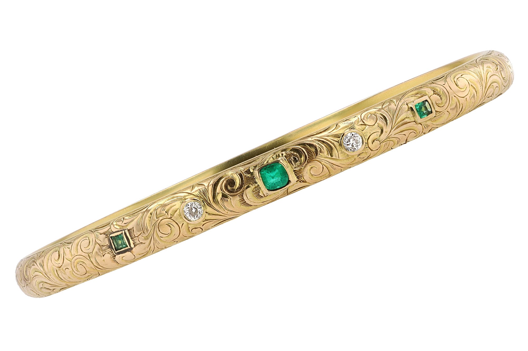 Antique Art Nouveau Diamond and Emerald Engraved Bangle