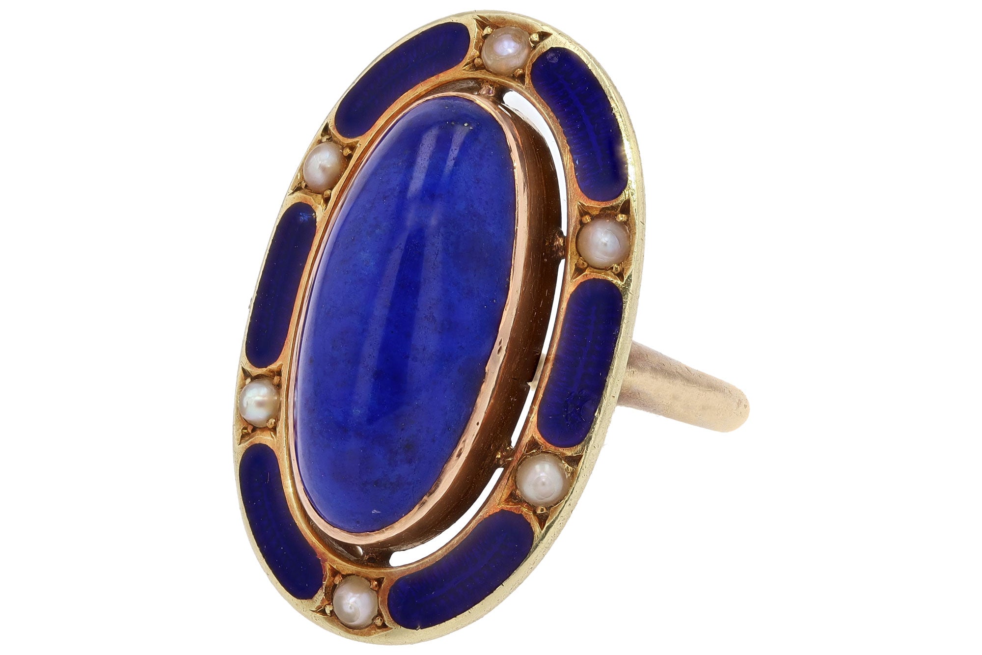 Antique Art Nouveau Lapis Lazuli & Enamel 14k Gold Cocktail Ring