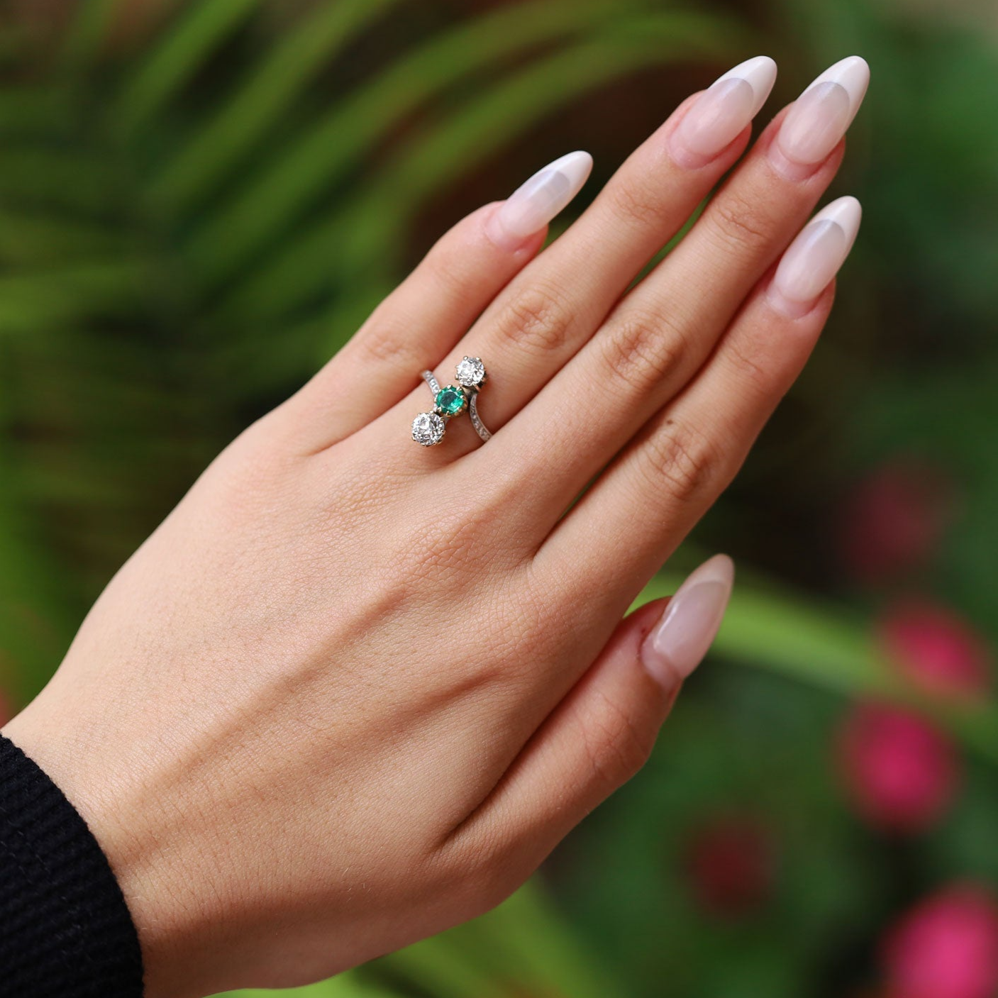 Antique Diamond & Emerald 3-Stone Edwardian Engagement Ring