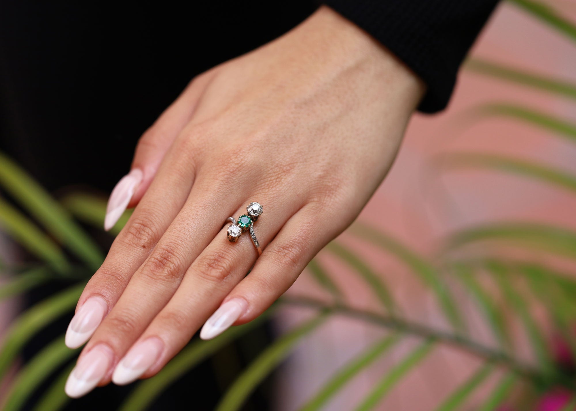Antique Diamond & Emerald 3-Stone Edwardian Engagement Ring