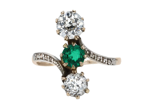 3 Stone Diamond Emerald Ring