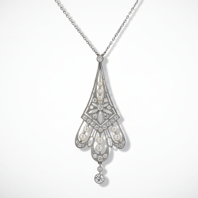 Antique Edwardian Diamond & Pearl Lavalière Platinum Necklace