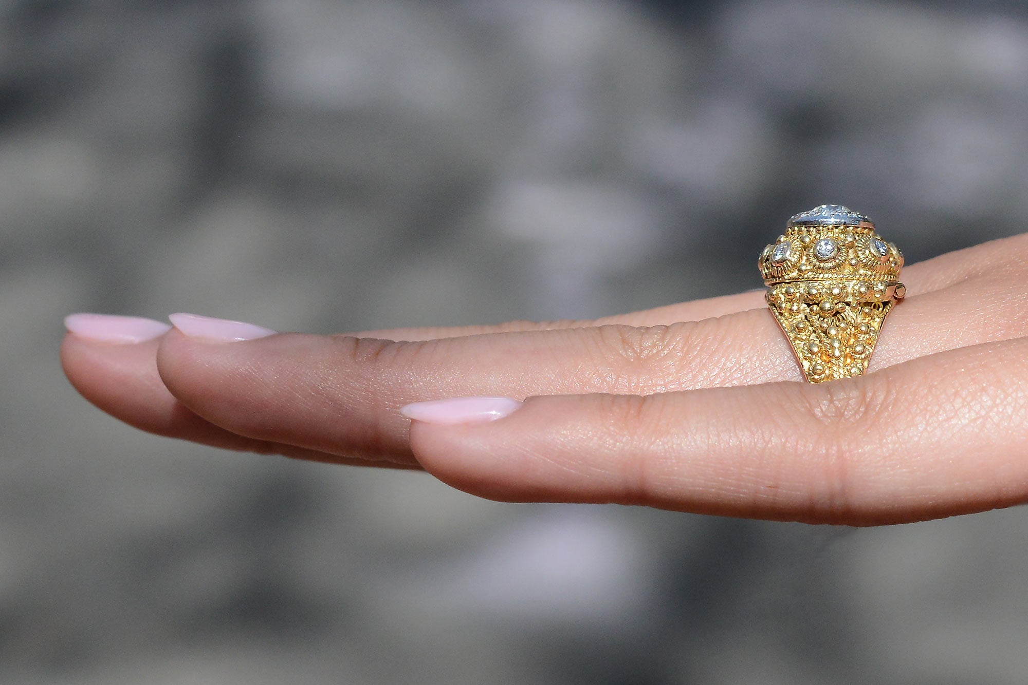 Antique Etruscan Revival Diamond Poison Ring