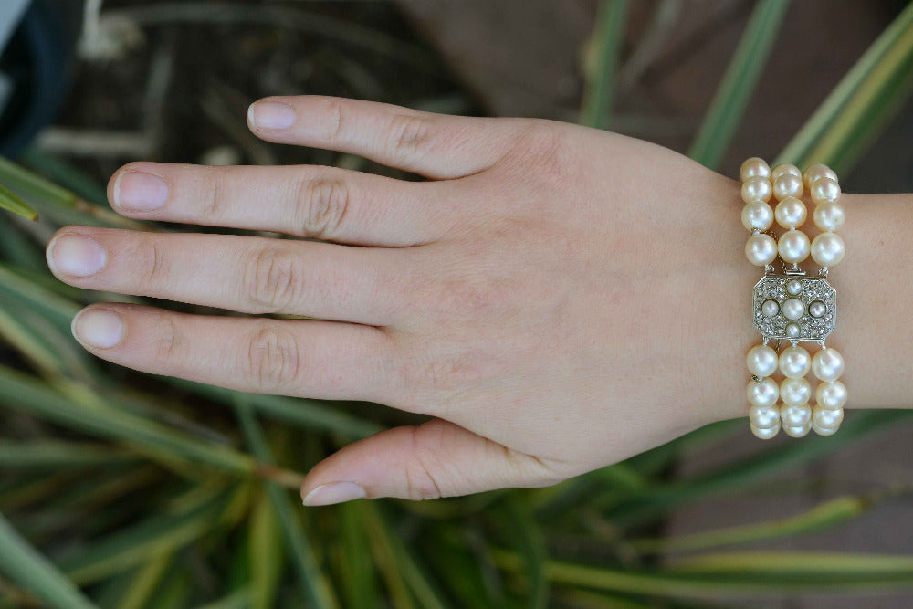 Antique French Belle Époque 3 Strand Pearl & Diamond Bracelet