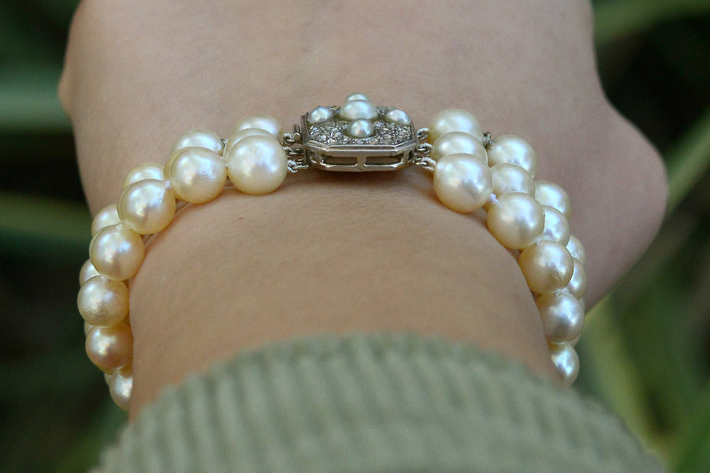 Antique French Belle Époque 3 Strand Pearl & Diamond Bracelet