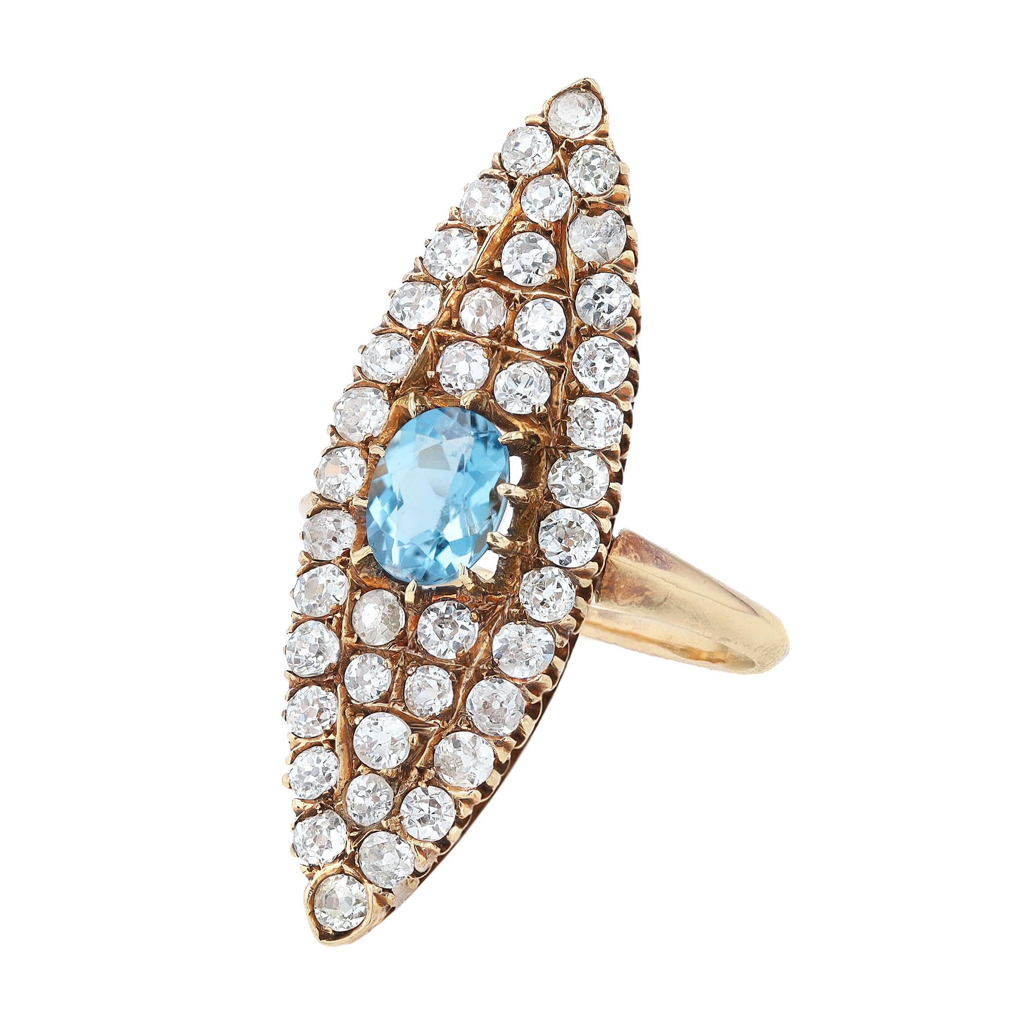 Victorian Aquamarine and Diamond 18 Karat Gold Navette Dinner Ring