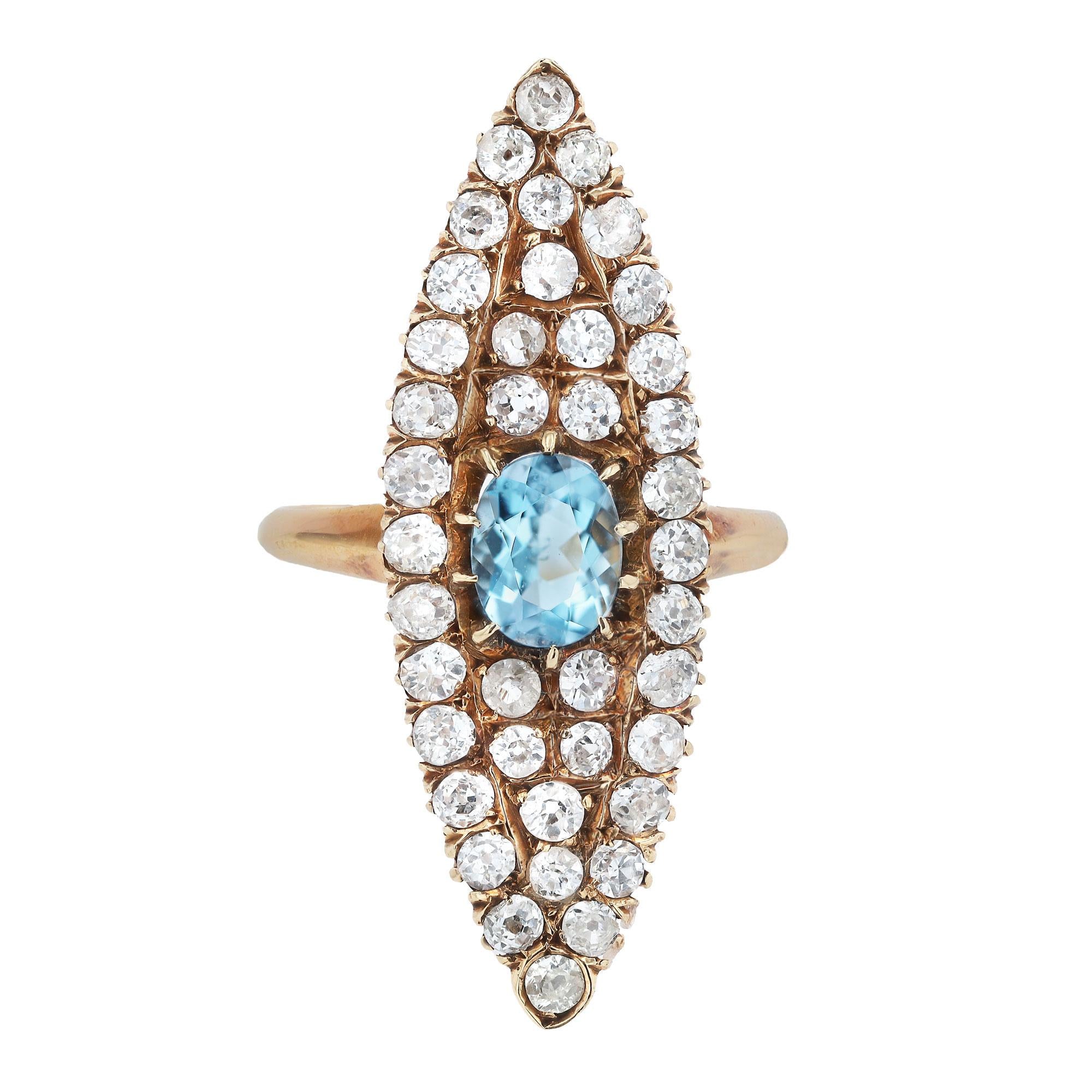 Victorian Aquamarine and Diamond 18 Karat Gold Navette Dinner Ring