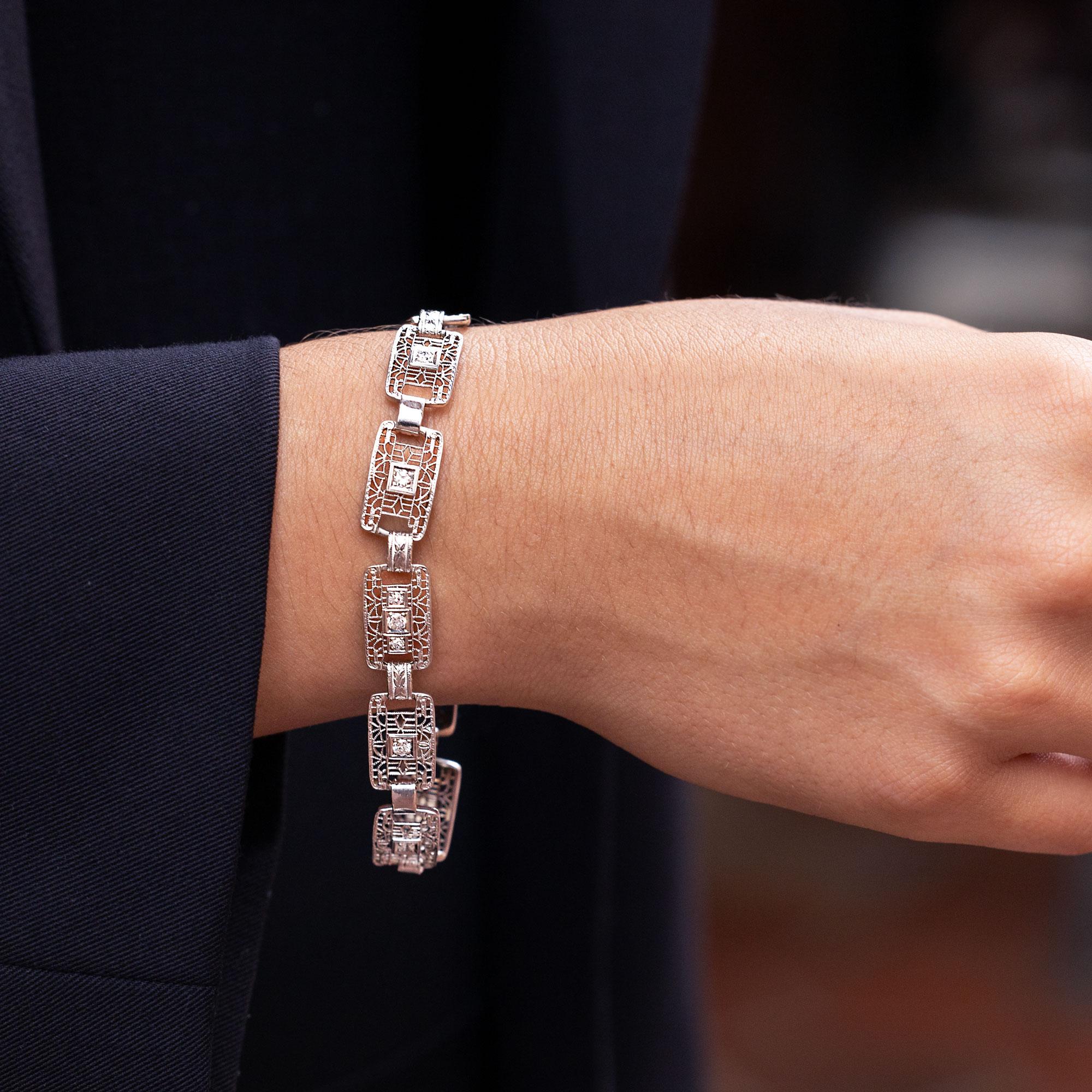 Art Deco Filigree Diamond Platinum and White Gold Link Bracelet