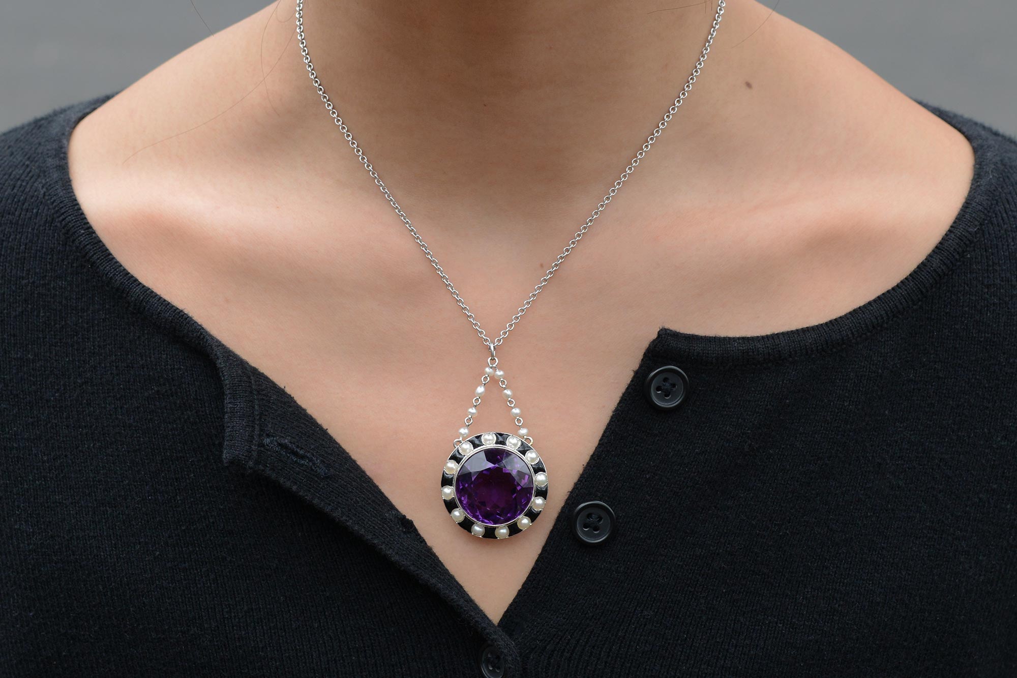 Art Deco 30 Carat Amethyst Onyx and Pearl Necklace