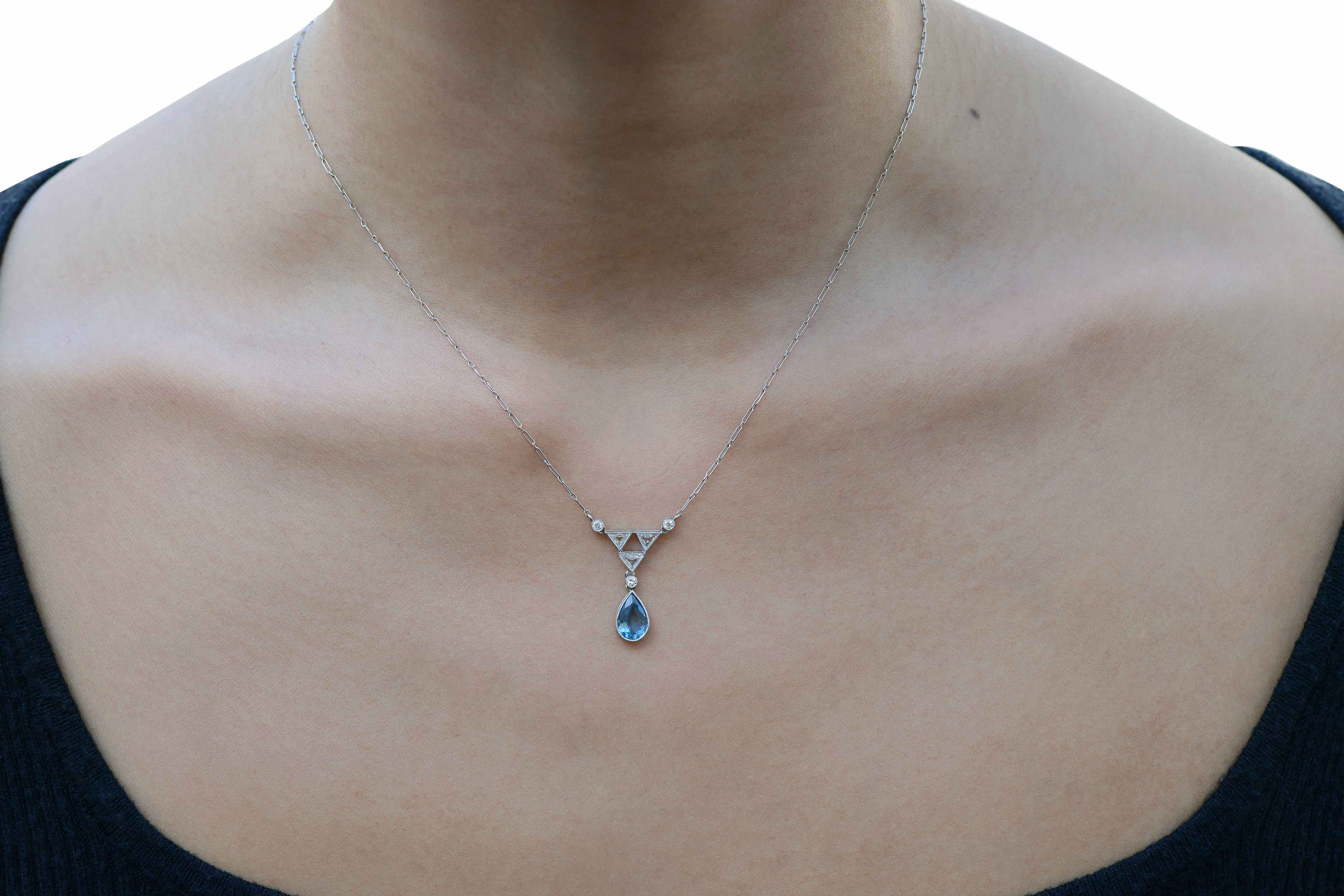 Art Deco Aquamarine Diamond Drop Necklace