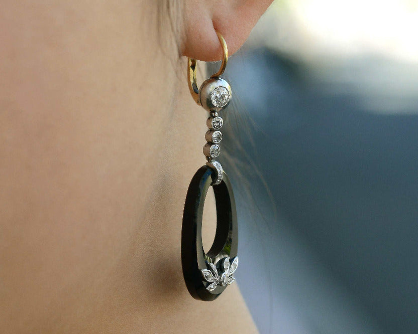 Art Deco Black Onyx Diamond Dangle Earrings