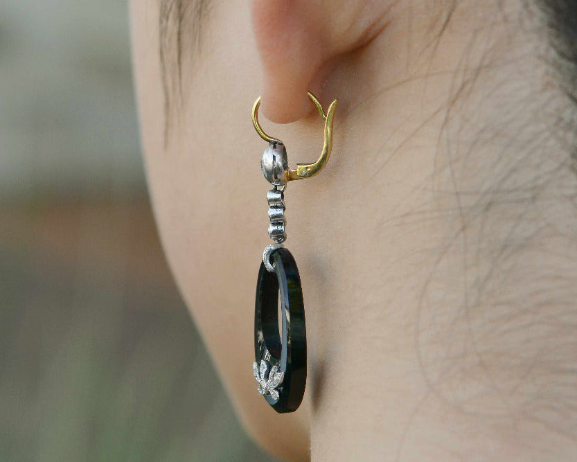 Art Deco Black Onyx Diamond Dangle Earrings