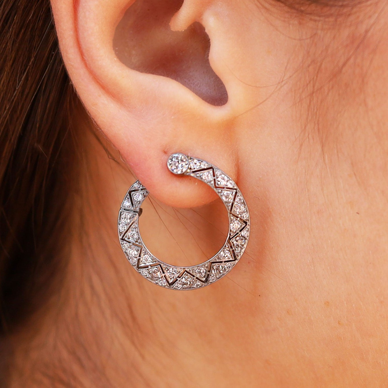 Art Deco Gatsby Era Diamond and Platinum Hoop Earrings