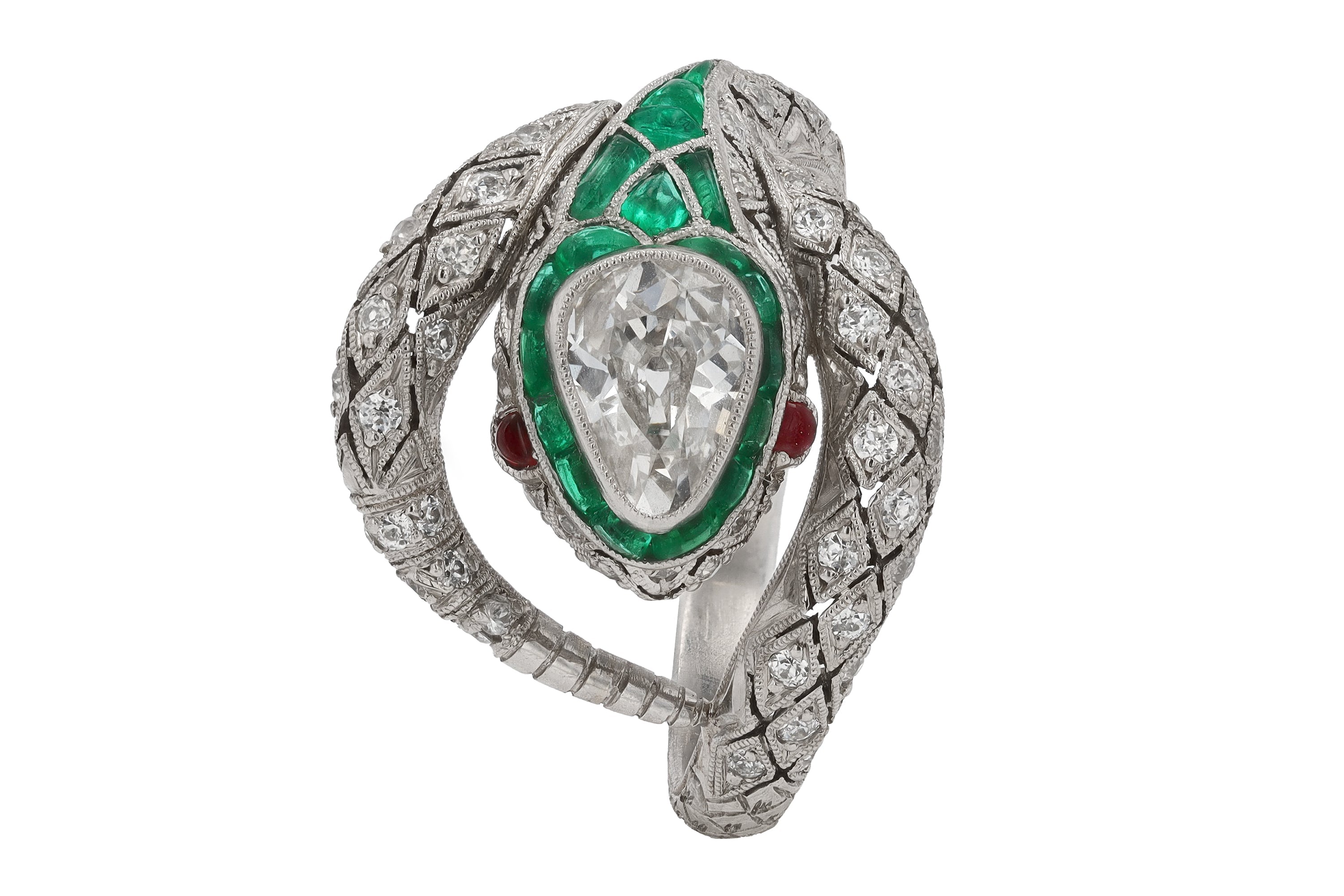Art Deco Inspired Antique Diamond & Emerald Snake Ring