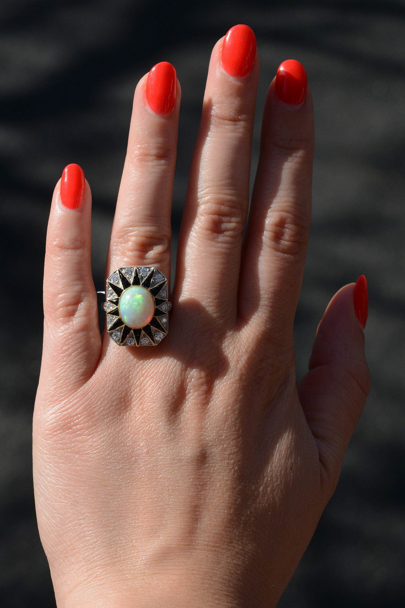 Art Deco Inspired Opal Diamond Onyx Sunburst Cocktail Ring