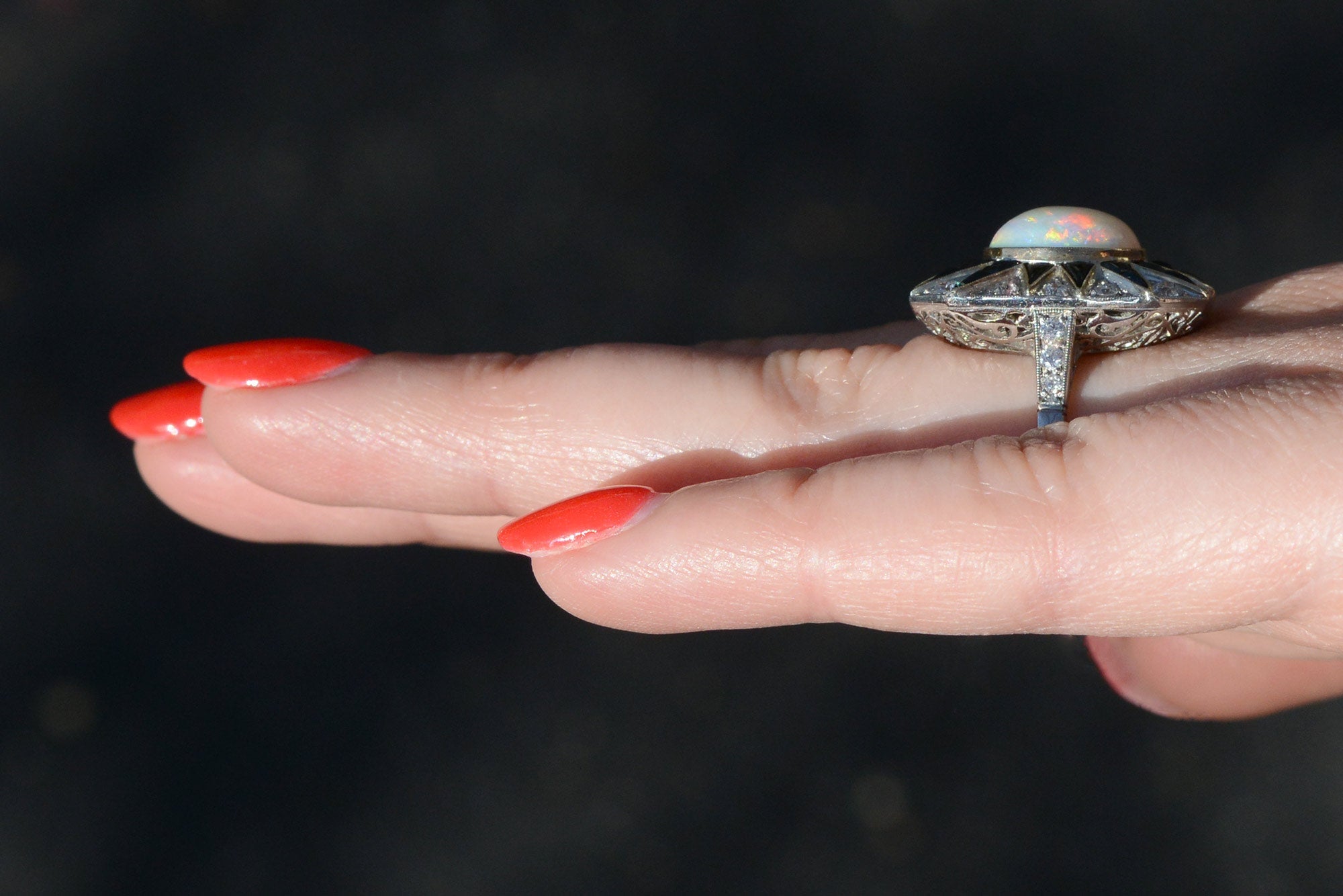 Art Deco Inspired Opal Diamond Onyx Sunburst Cocktail Ring