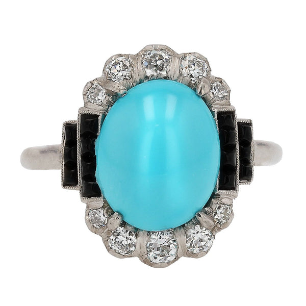 Art Deco Inspired Turquoise, Onyx and Diamond Cocktail Ring