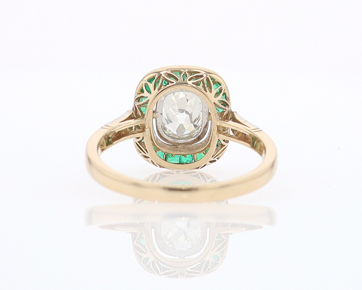 Art Deco Old Mine Cut Diamond Emerald Antique Engagement Ring