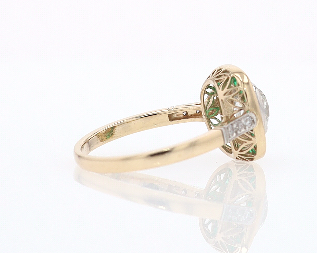 Art Deco Old Mine Cut Diamond Emerald Antique Engagement Ring