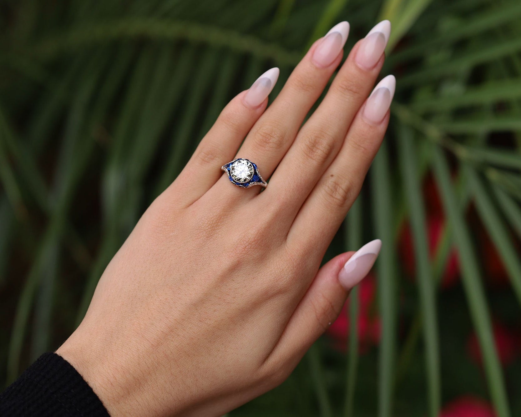 Art Deco Revival 2.34 Carat Diamond & Sapphire Engagement Ring