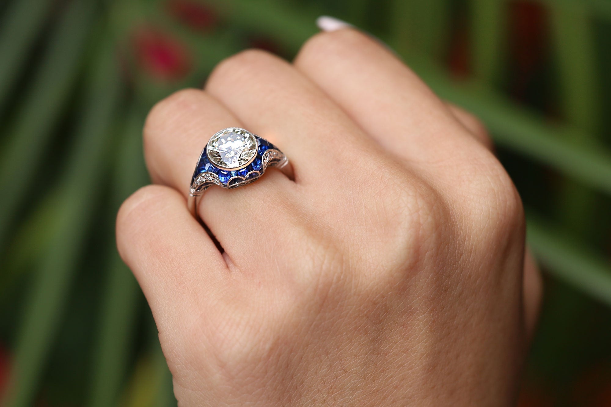 Art Deco Revival 2.34 Carat Diamond & Sapphire Engagement Ring