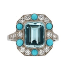 Art Deco Revival Aquamarine Turquoise and Diamond Ring